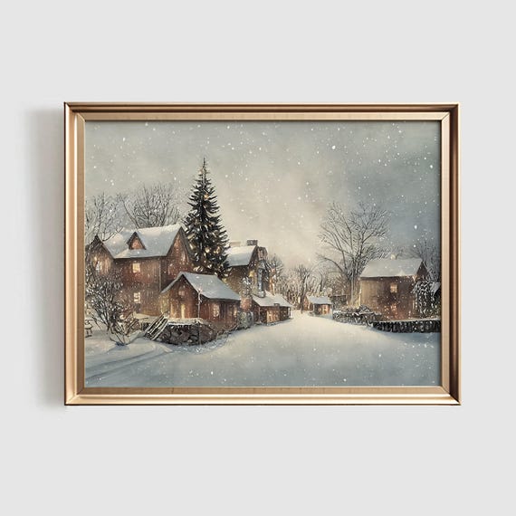 Winter Village Watercolor Christmas Art Print