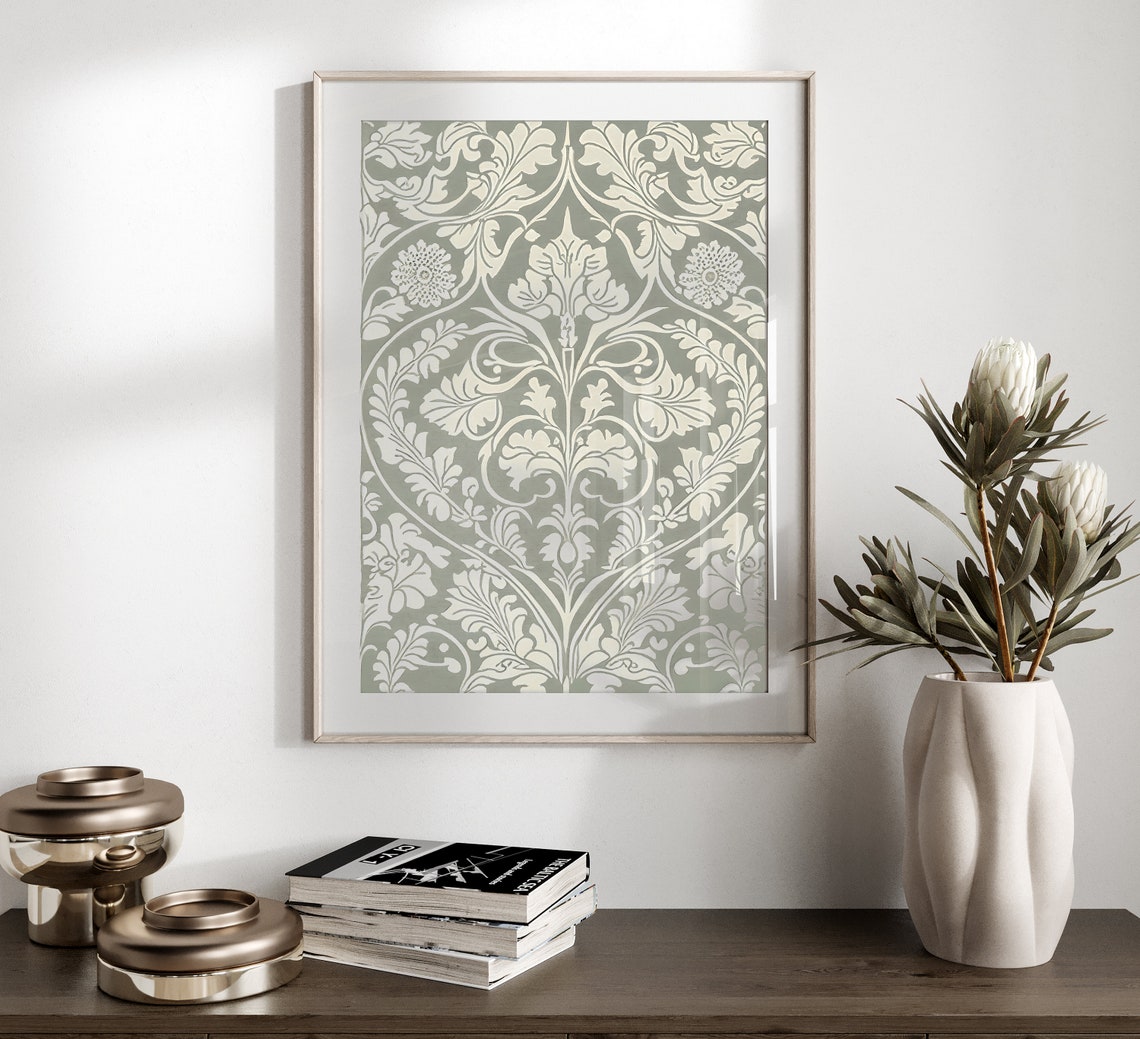 Sage Green Cream Damask Botanical Pattern Decorative Art Poster - Image 4