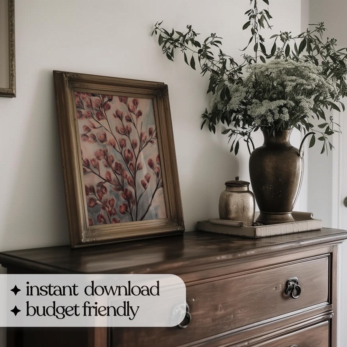 Burgundy Blossom Branches Dark Floral Still Life Painting Art Poster - Image 5