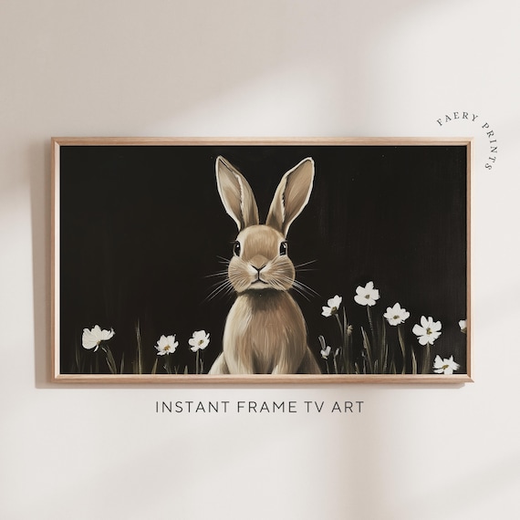 Easter Bunny In Dark Floral Meadow Spring Farmhouse TV Art Poster