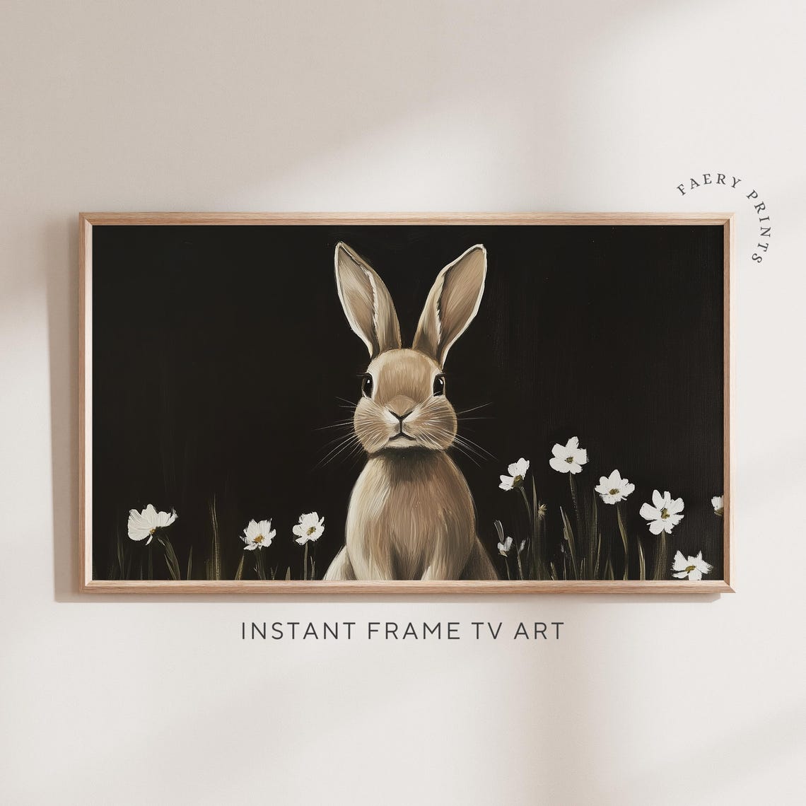 Easter Bunny In Dark Floral Meadow Spring Farmhouse TV Art Poster