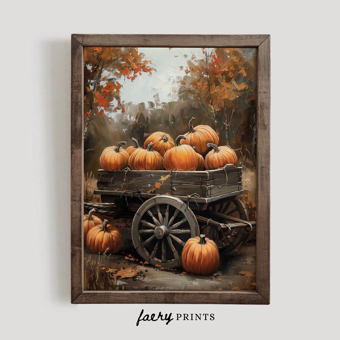 Wooden Wagon Loaded with Pumpkins in Autumn Forest Harvest Art Poster - Image 2