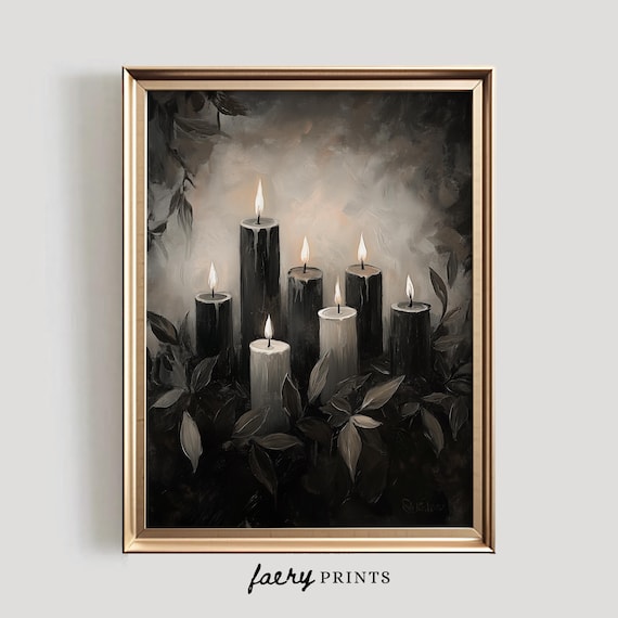 Seven Lit Candles Glowing in Dark Moody Floral Still Life Art Poster