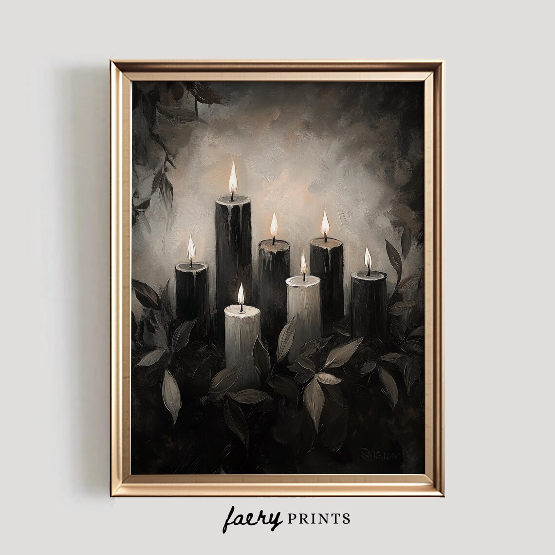 Seven Lit Candles Glowing in Dark Moody Floral Still Life Art Poster