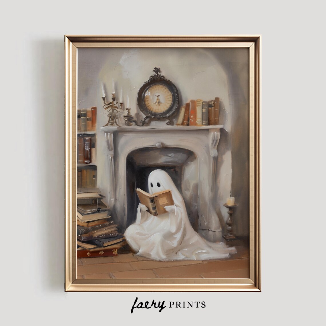 Ghost Reading Book Print, Cute Halloween Wall Art