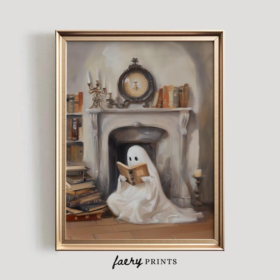 Ghost Reading Book Print, Cute Halloween Wall Art