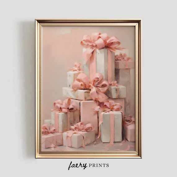 Pink Presents Christmas Art Print, Pastel Holiday Decor