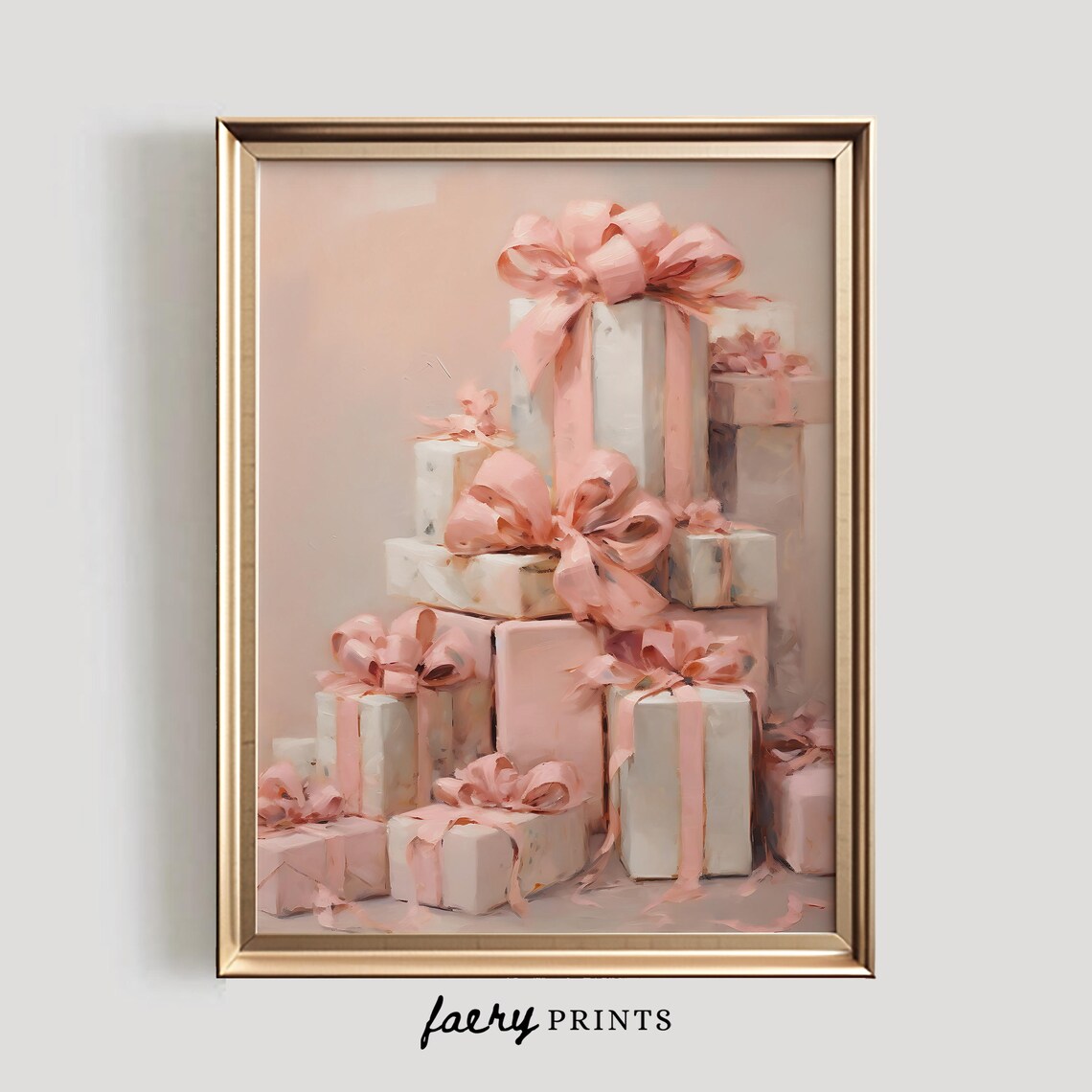 Pink Presents Christmas Art Print, Pastel Holiday Decor