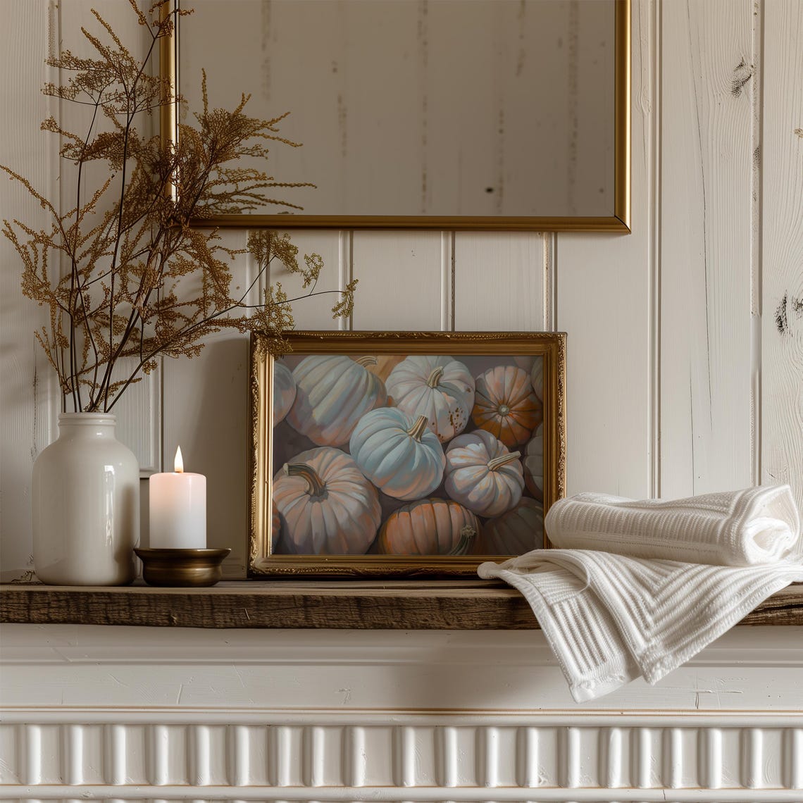 Pastel Blue White Pumpkins Painted Harvest Farmhouse Fall Wall Art - Image 2