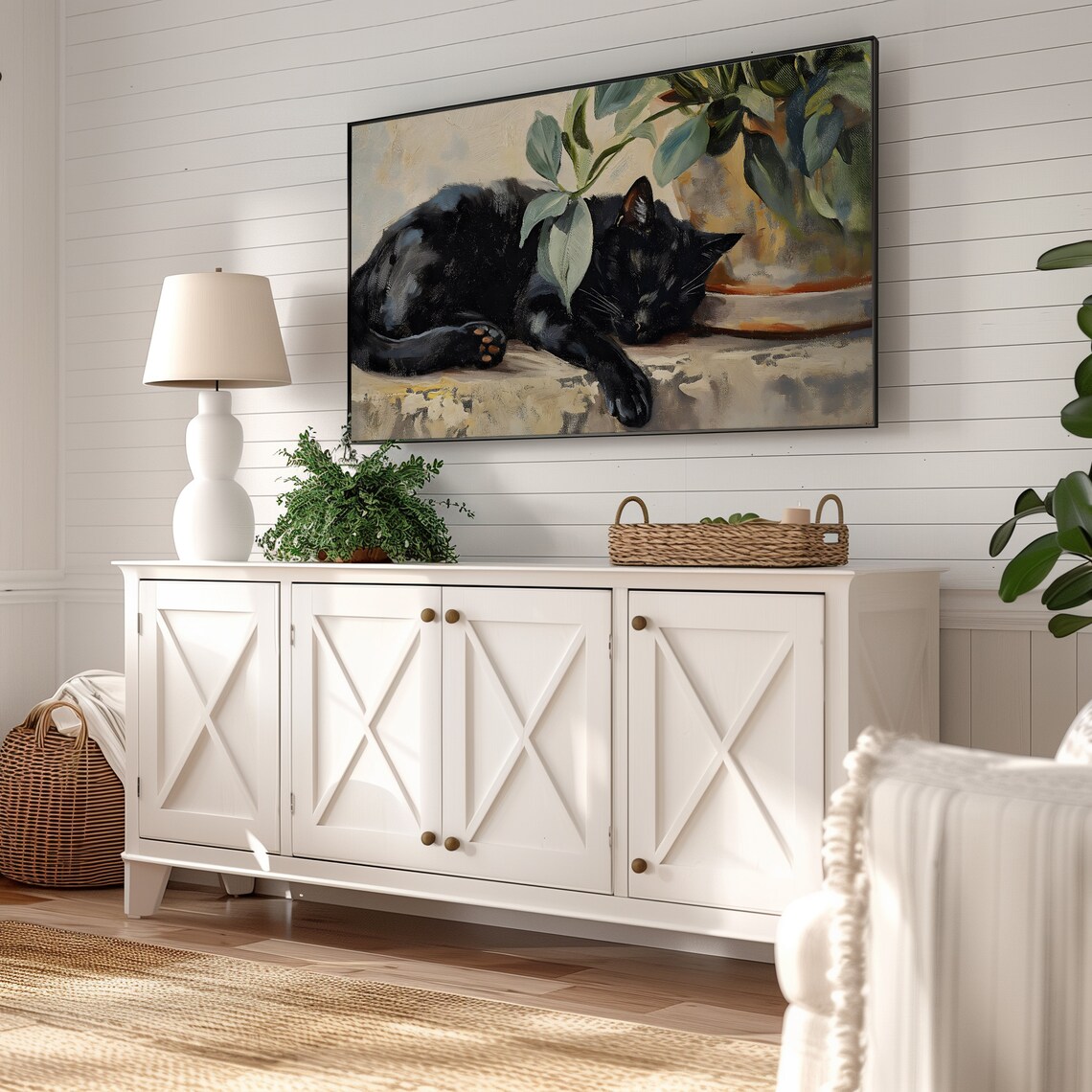 Sleeping Black Cat Under Plant, Art Print - Image 2