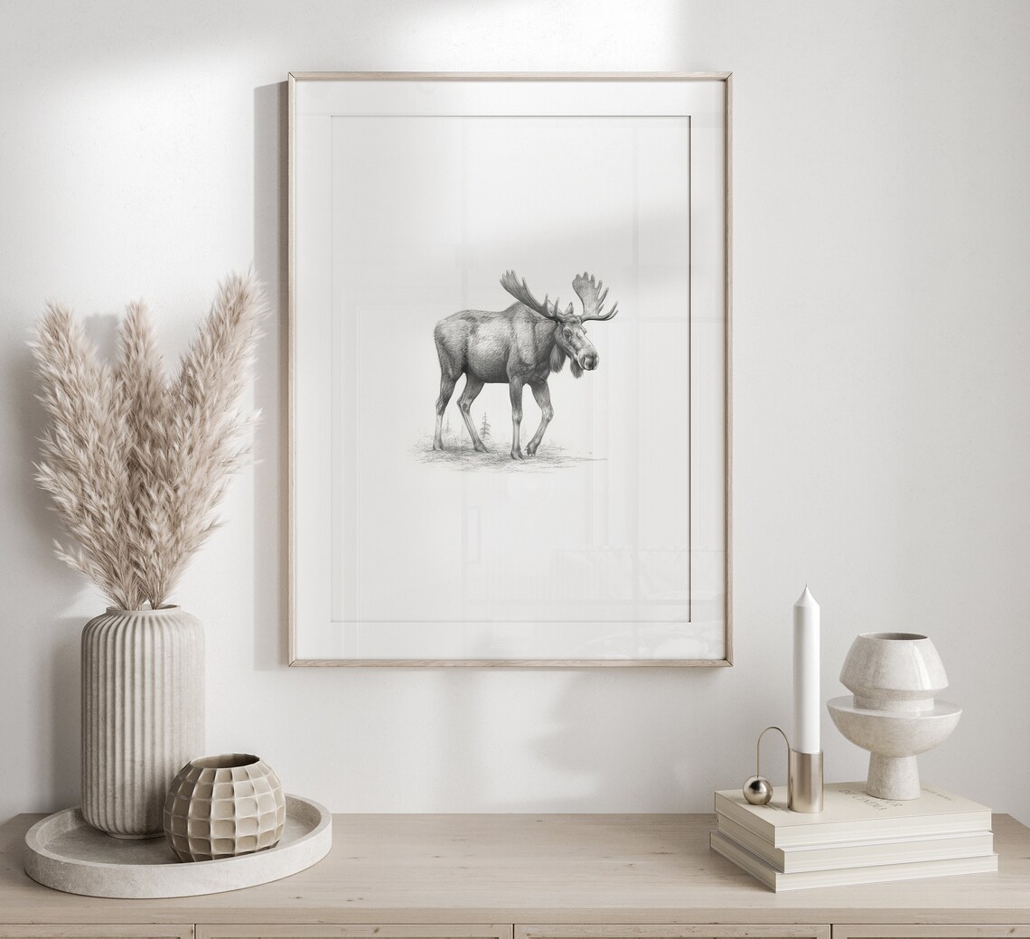 Moose Sketch Antler Animal Art Print, Neutral Wildlife - Image 3