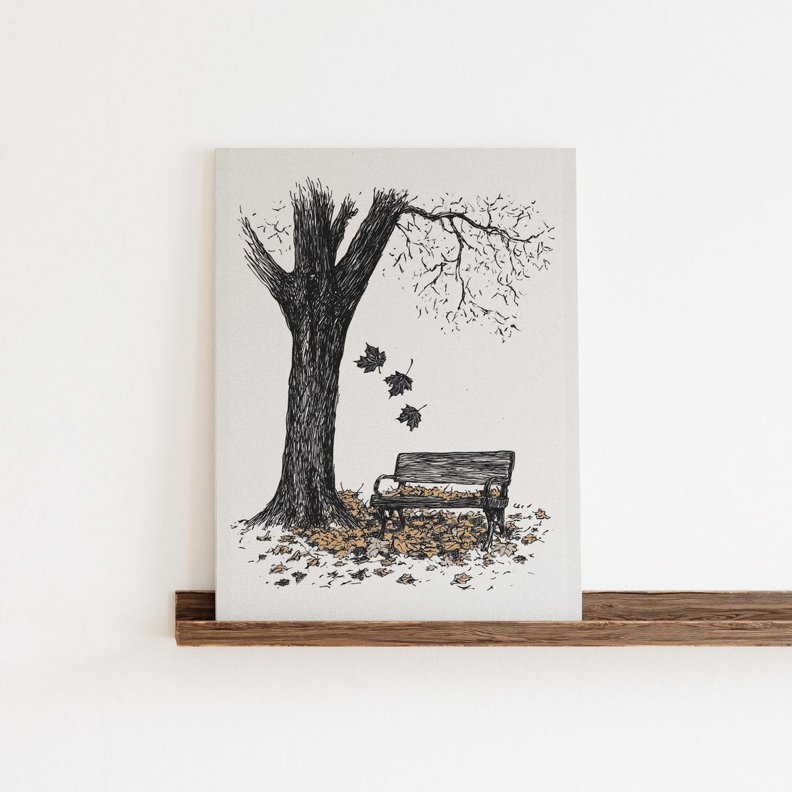 Minimalist Autumn Tree Park Bench Falling Leaves Ink Sketch Print