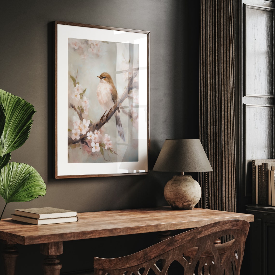 Songbird on Cherry Blossom Branch Soft Spring Watercolor Poster - Image 2