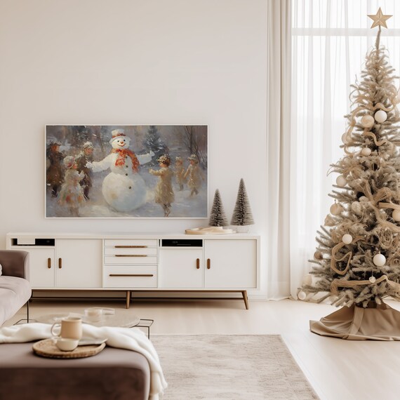 Charming Snowman With Children Vintage Winter Scene Frame TV Art Poster