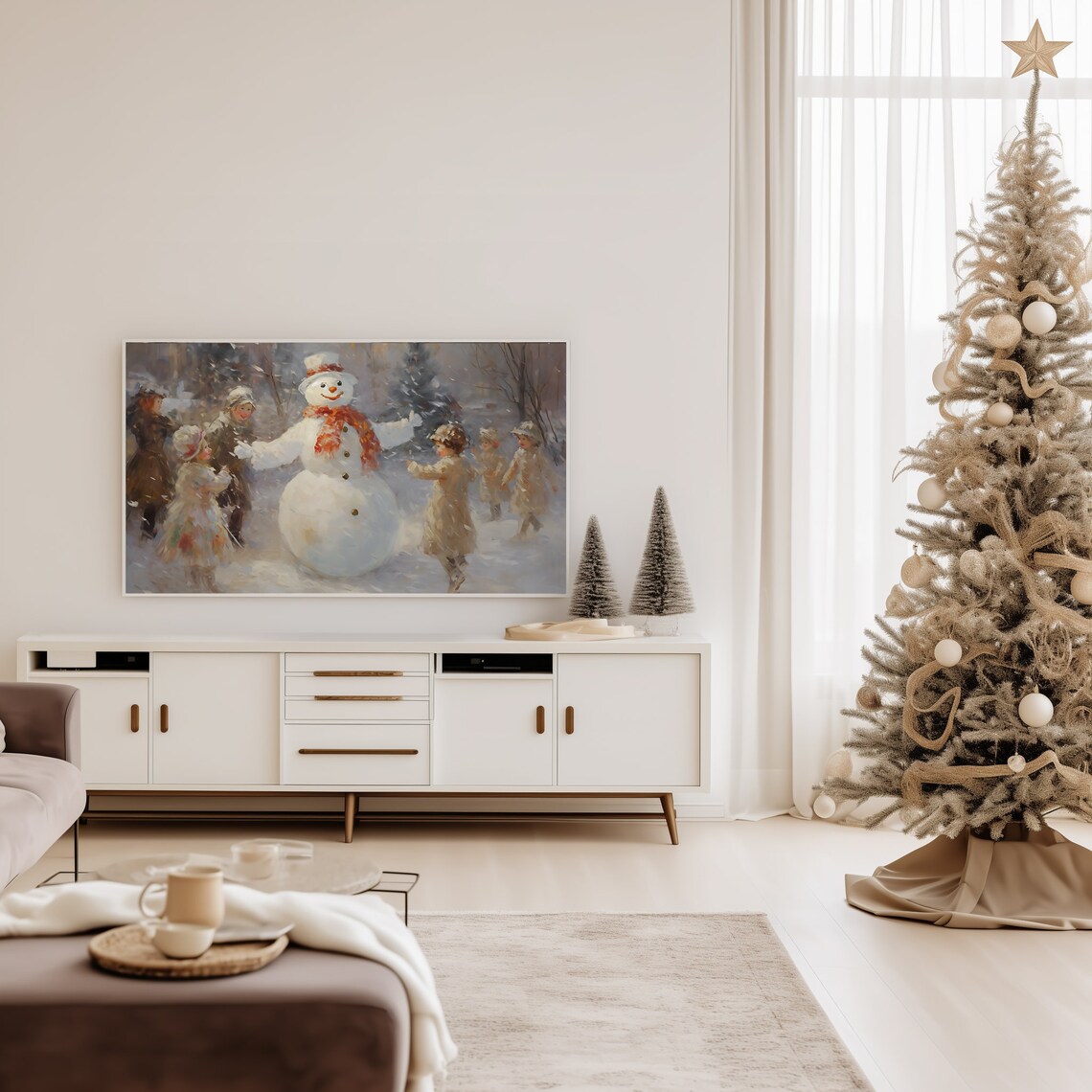 Charming Snowman With Children Vintage Winter Scene Frame TV Art Poster