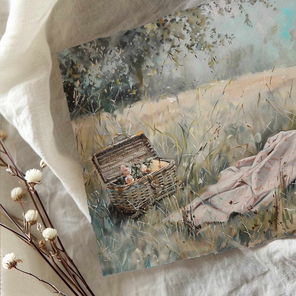 Romantic Spring Picnic In A Meadow, Vintage Art Print - Image 4
