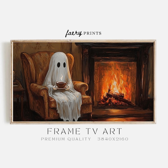 Cozy Ghost Sipping Tea by Fireplace Whimsical Halloween Art Poster