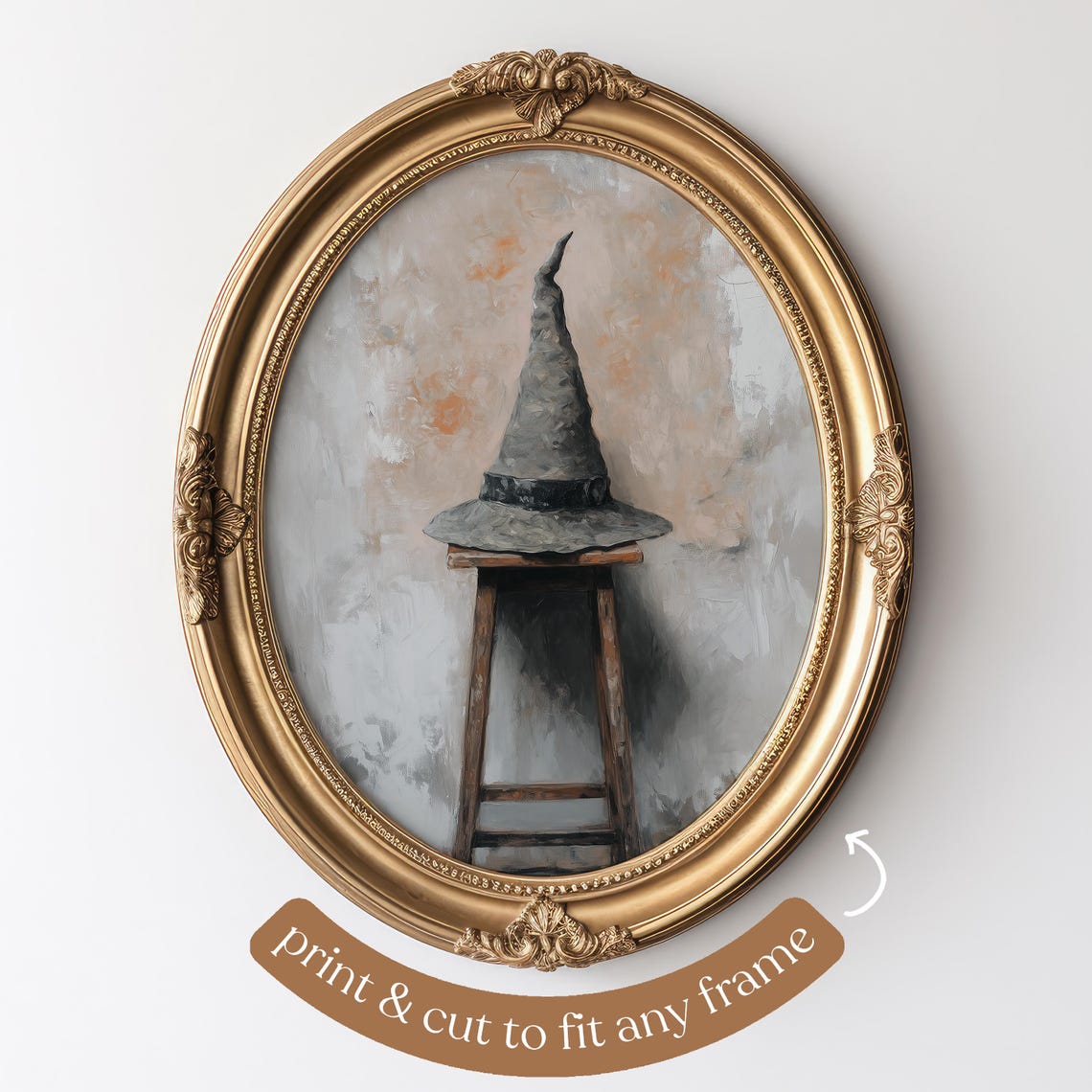 Witch Hat Resting on Wooden Stool Muted Vintage Halloween Art Poster - Image 5