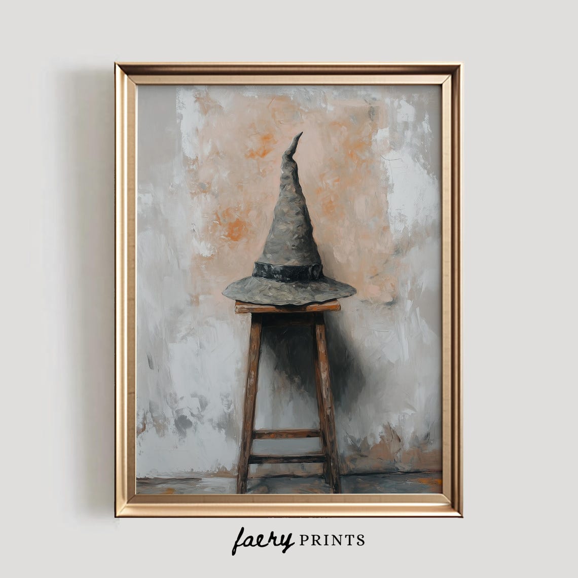 Witch Hat Resting on Wooden Stool Muted Vintage Halloween Art Poster