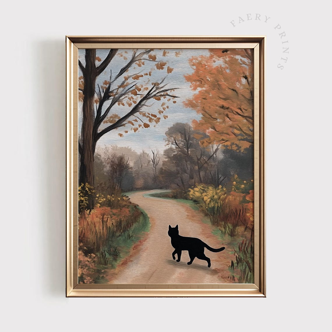 Fall Cat Art Print Black Halloween Wall Autumn Forest Landscape Painting Neutral October Home Decor 1461