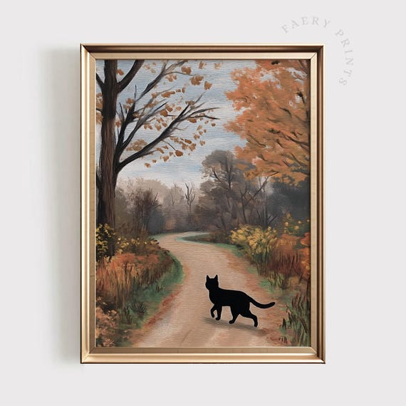 Fall Cat Art Print Black Halloween Wall Autumn Forest Landscape Painting Neutral October Home Decor 1461