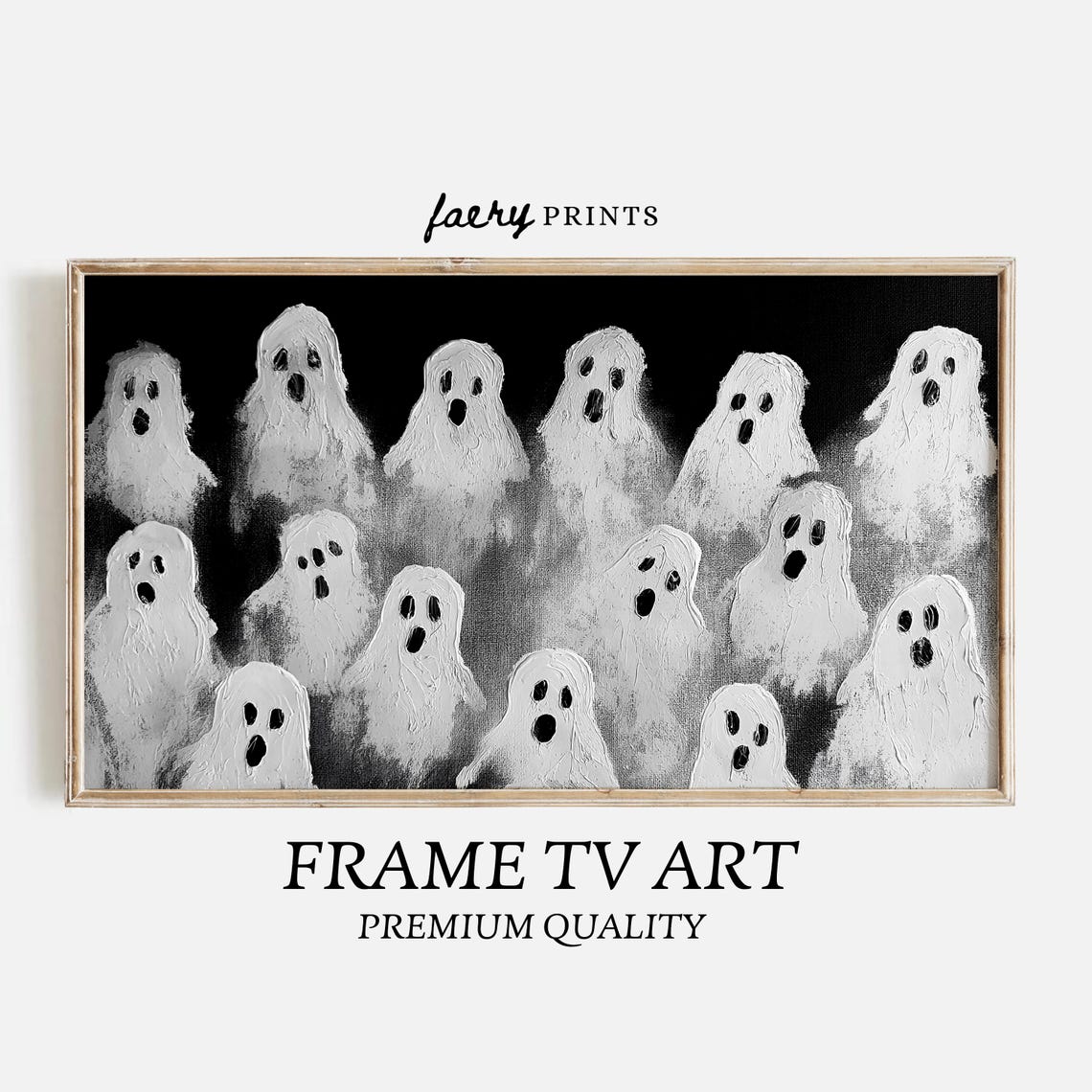 Crowd of Cute White Ghosts on Black Spooky Halloween Frame TV Poster