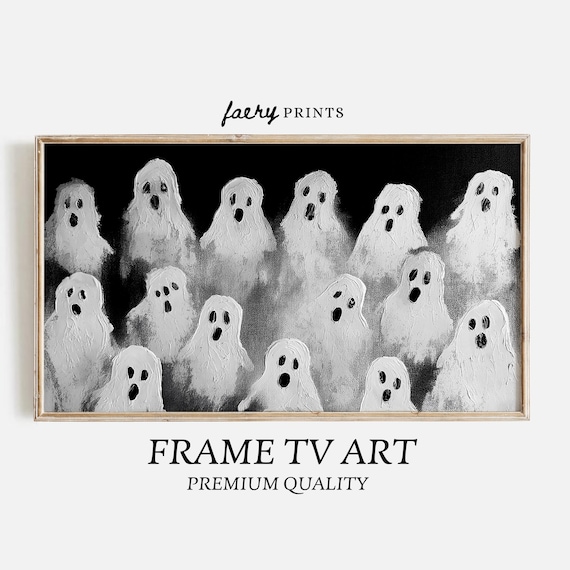Crowd of Cute White Ghosts on Black Spooky Halloween Frame TV Poster
