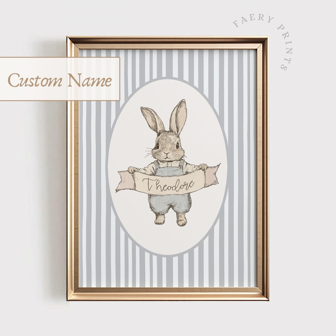 Custom Name Blue Nursery Rabbit Poster with Vintage Bunny Overalls