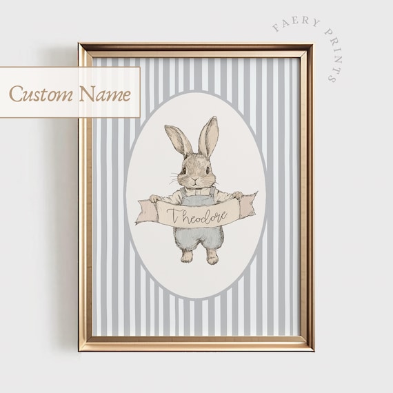 Custom Name Blue Nursery Rabbit Poster with Vintage Bunny Overalls