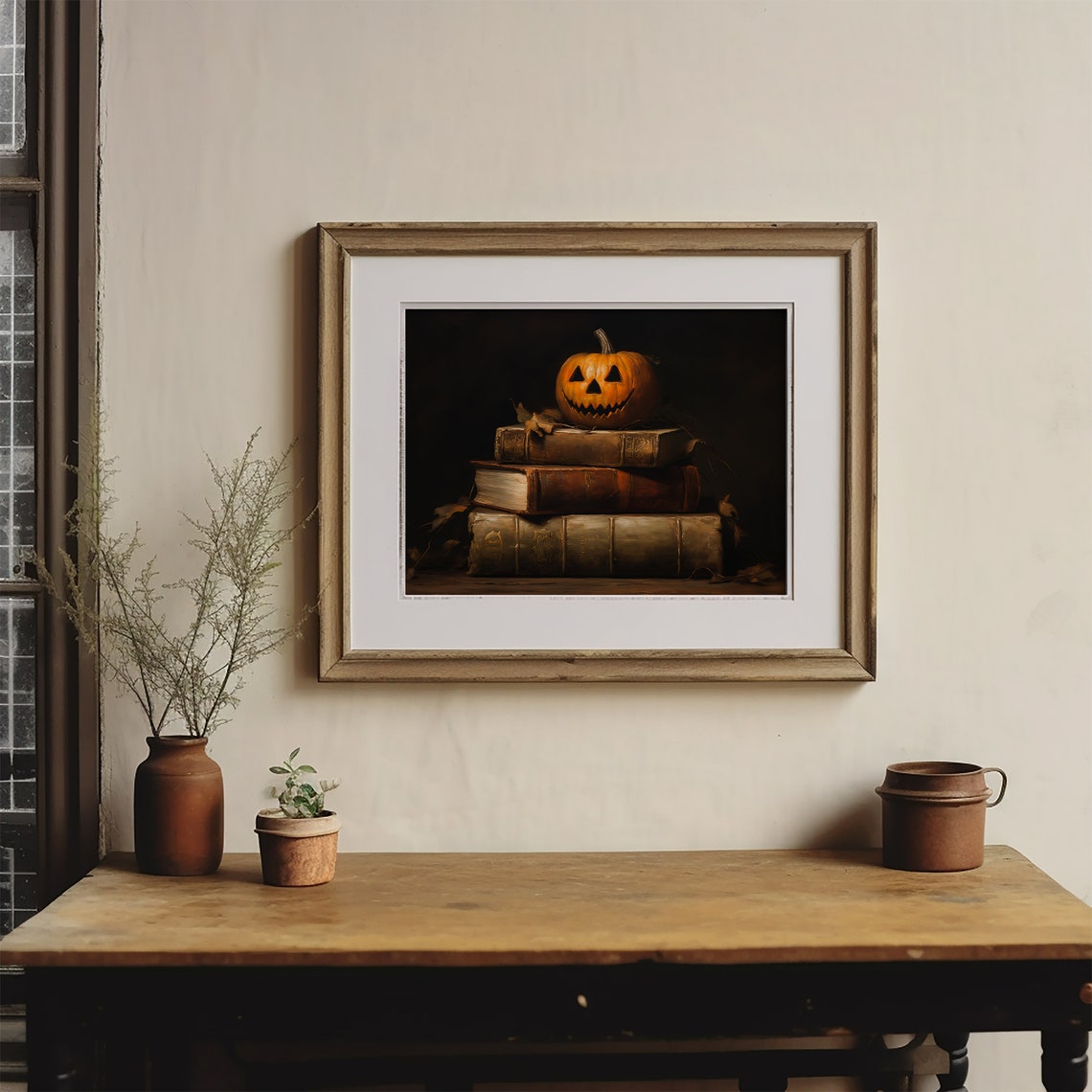 Jack-O-Lantern on Vintage Books Moody Halloween Still Life Poster - Image 4