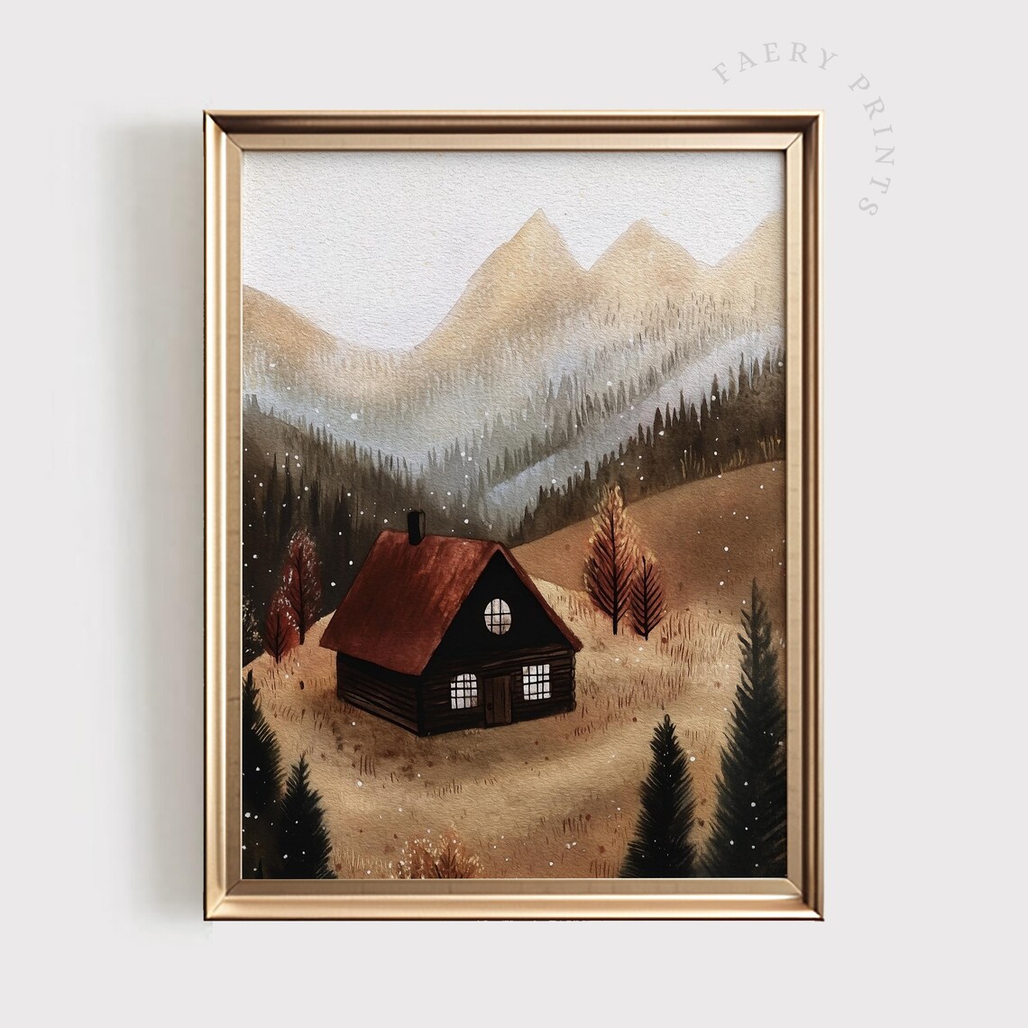 Fall Mountain Cabin Art Print, Cozy Autumn Cottage
