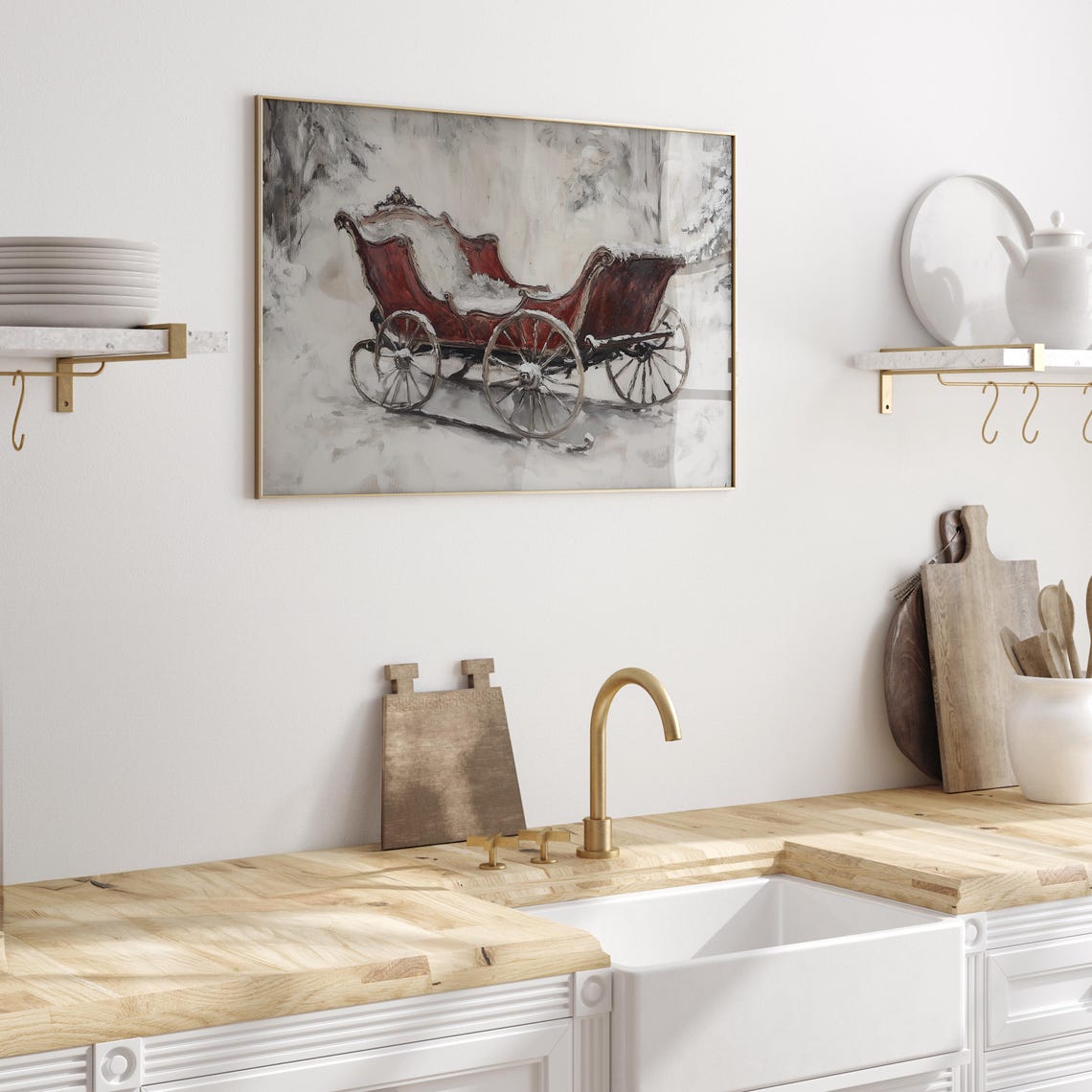 Vintage Red Horse Sleigh Covered in Snow Rustic Christmas Poster - Image 3