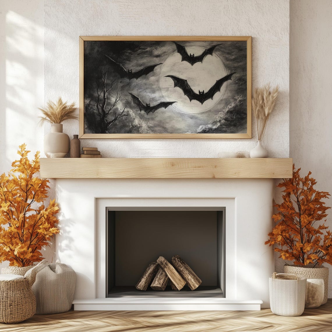 Full Moon Bats Gothic Black and White Halloween TV Art Poster