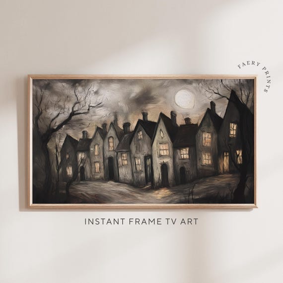 Haunted Village Halloween Frame Tv Art Spooky Night Painting For Samsung Gothic October Screensaver S318