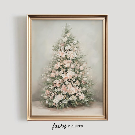 Floral Christmas Tree Print, Pastel Holiday Decor