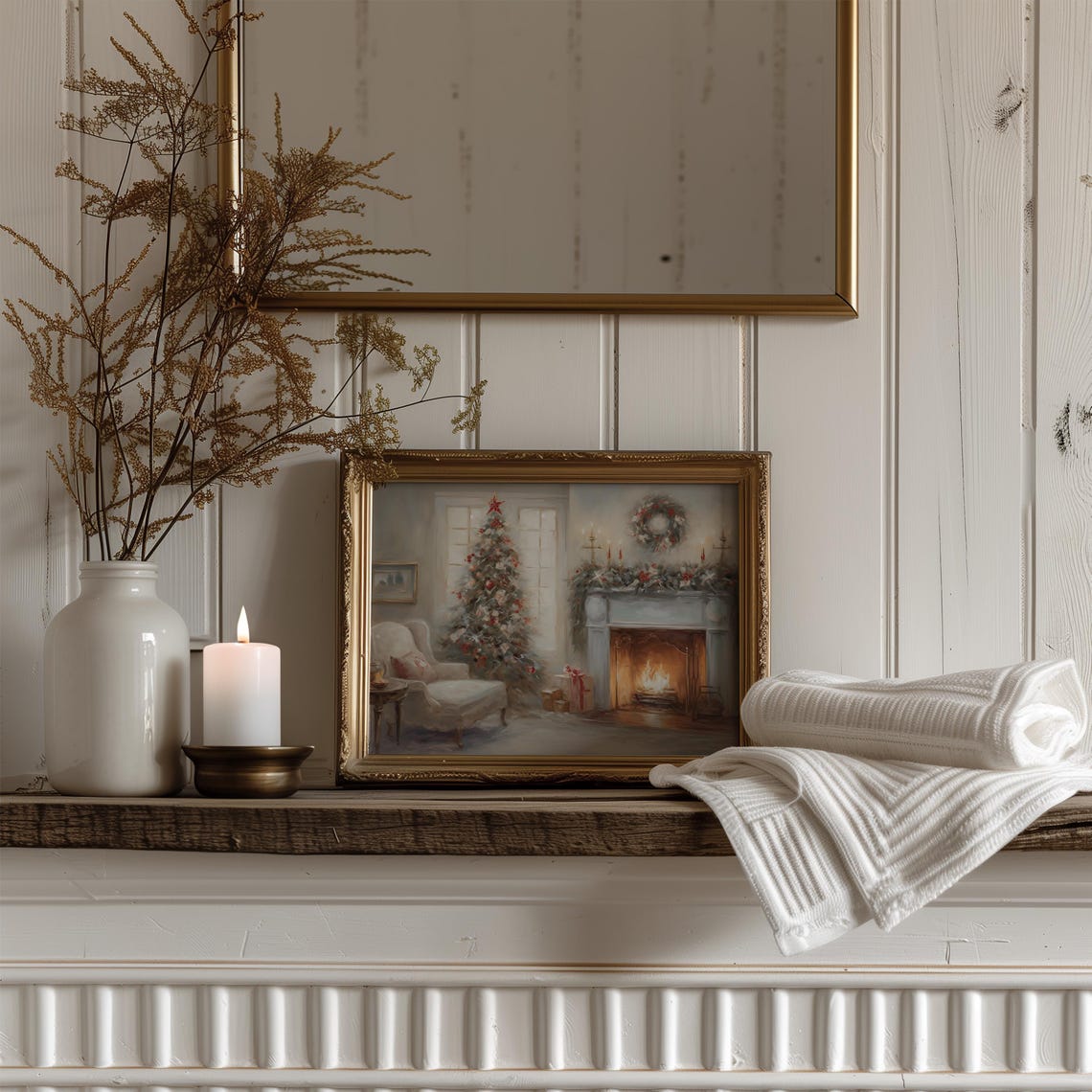 Cozy Christmas Living Room Fireplace Tree Vintage Style Poster - Image 4