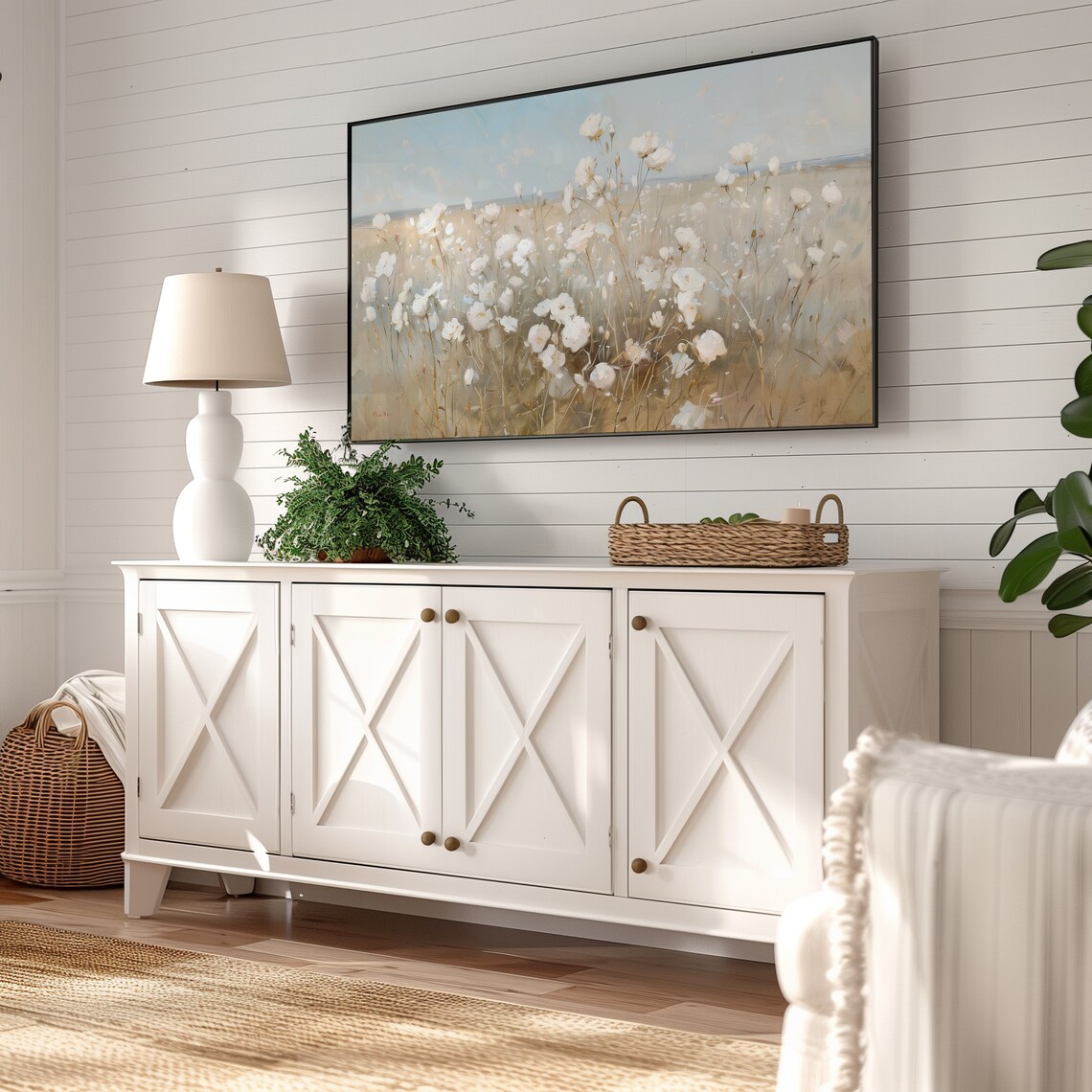 White Wildflower Meadow Soft Golden Field Spring Frame TV Art Poster