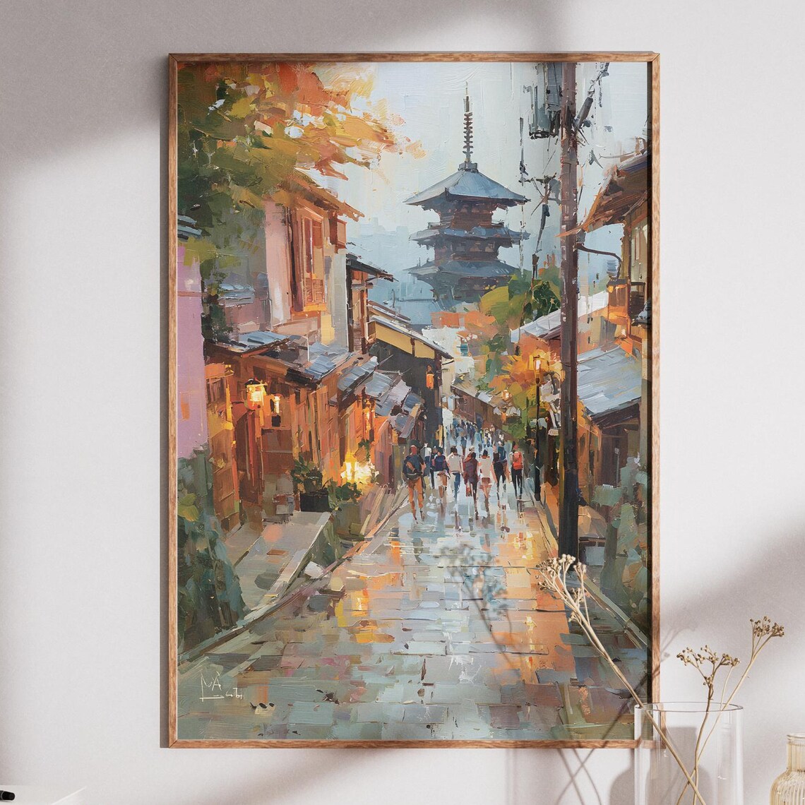 Kyoto Japan Pagoda Street Evening Lanterns Impressionist Art Poster