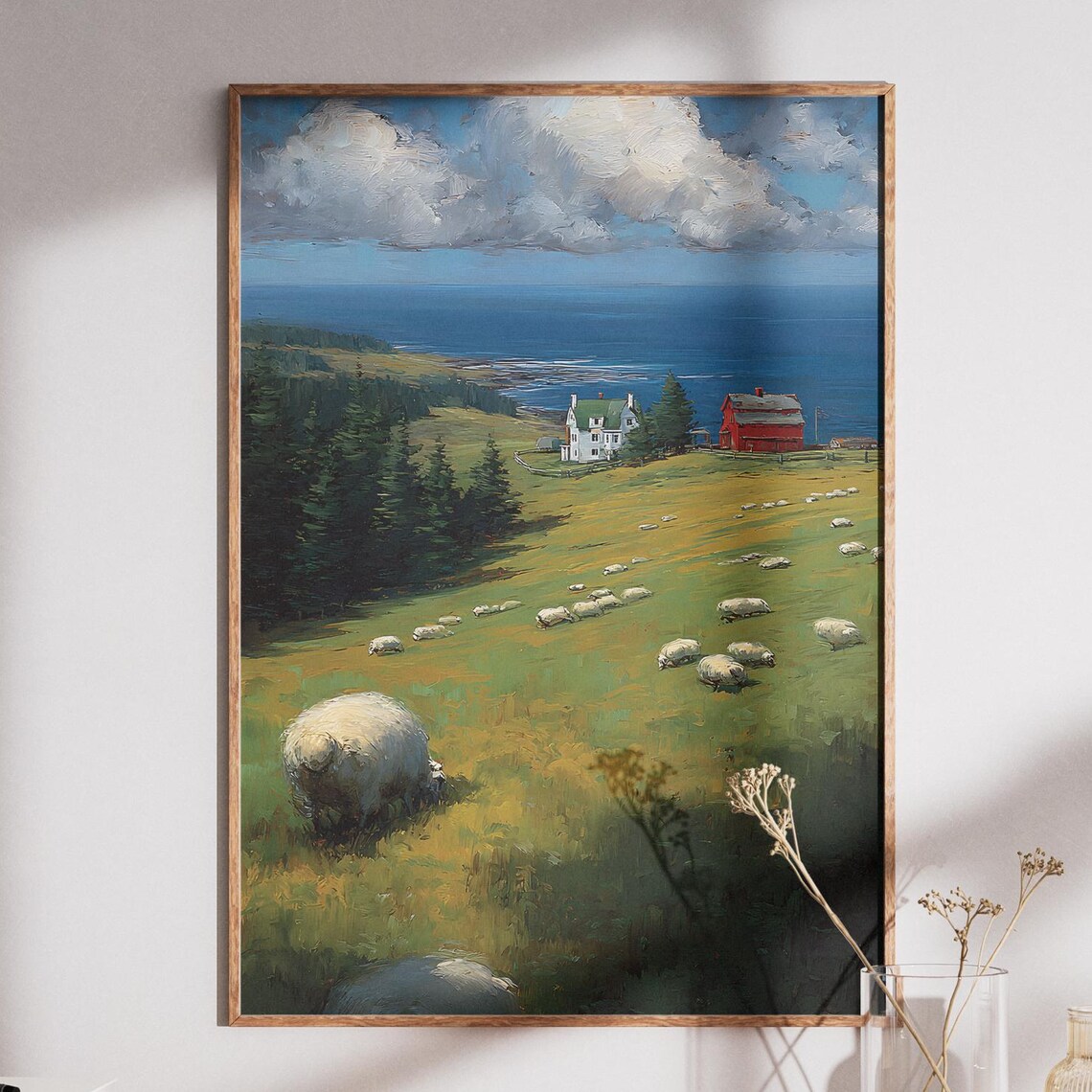 Coastal Sheep Pasture Farmhouse Sea Landscape Painting Poster