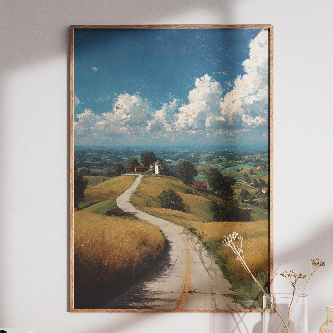 Winding Country Road Golden Hills Farmhouse Landscape Painting Poster