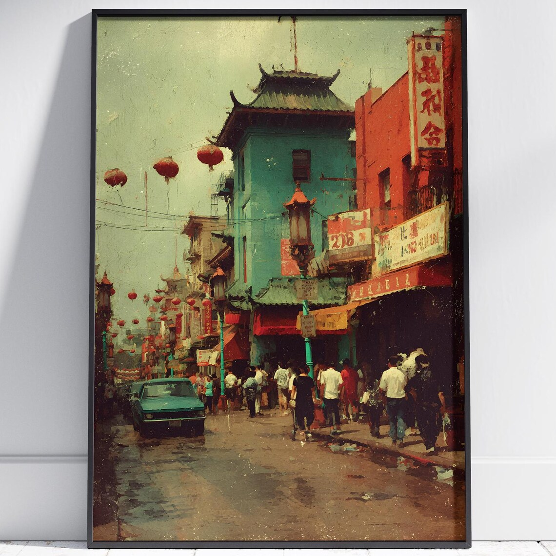 Vintage Chinatown Street Scene Red Lanterns Urban Painting Wall Art
