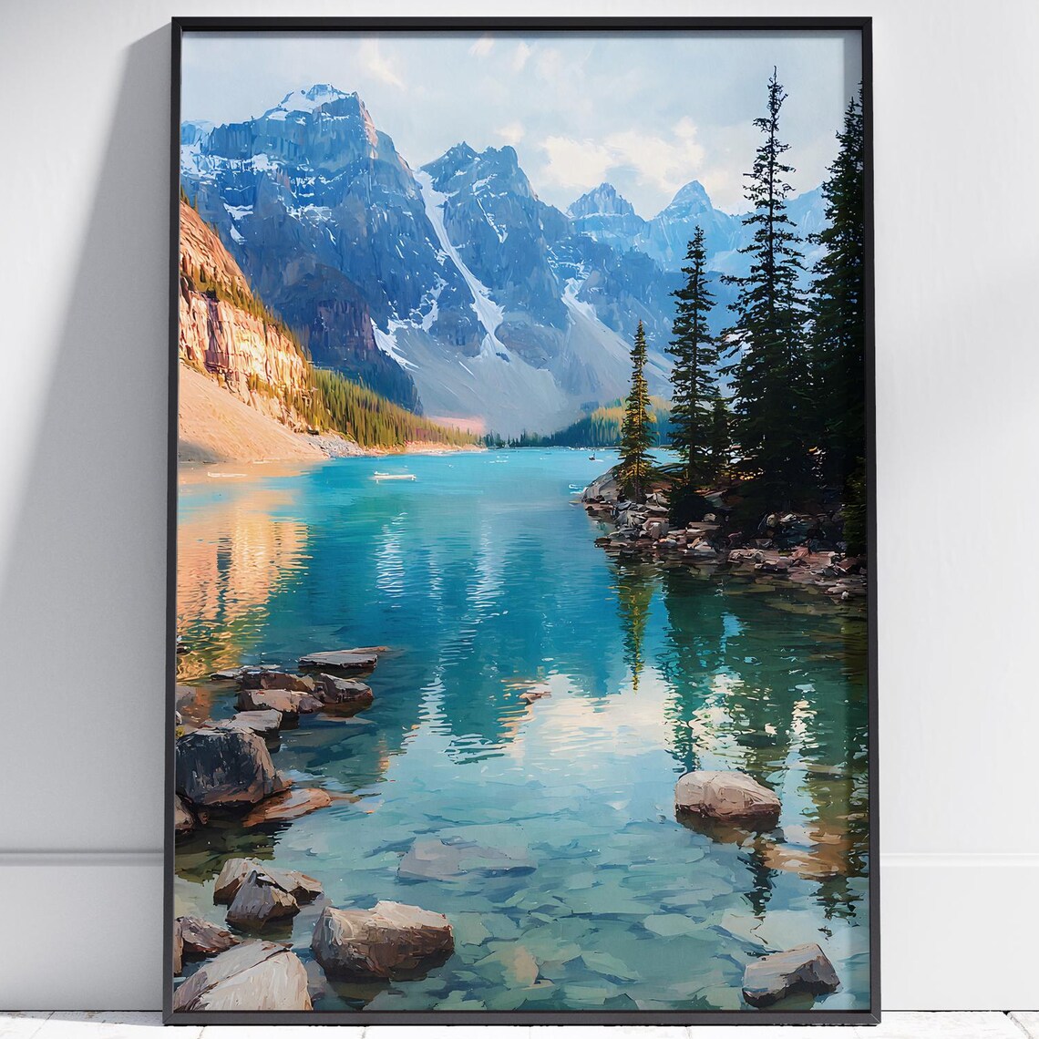 Moraine Lake Banff Turquoise Water Snowy Peaks Pine Shore Art Print