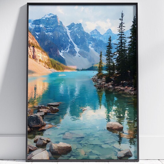 Moraine Lake Banff Turquoise Water Snowy Peaks Pine Shore Art Print