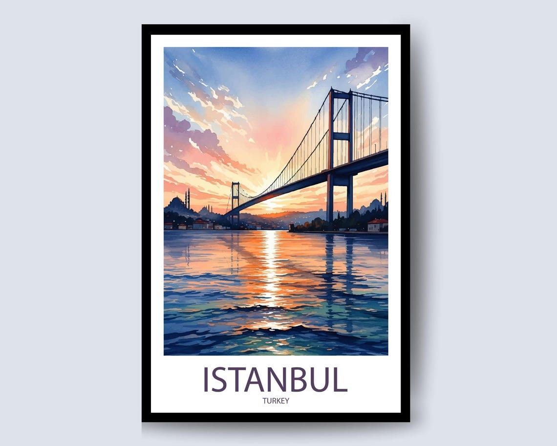Istanbul Turkey Bosphorus Suspension Bridge Pink Sunset Travel Poster