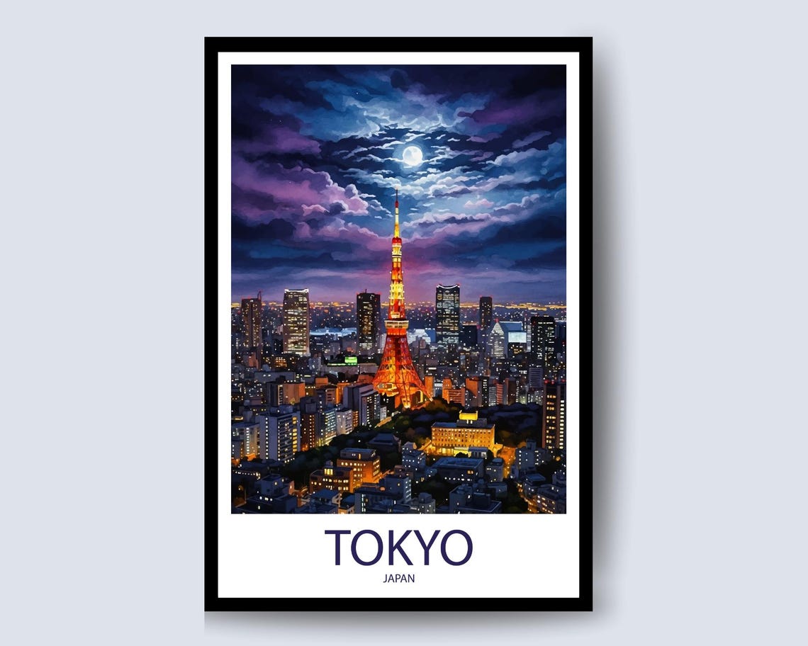 Tokyo Tower Japan Moonlit Night Skyline City Lights Travel Poster