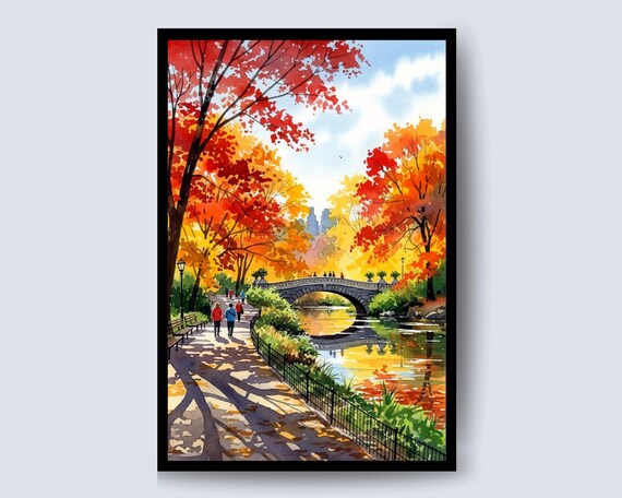 Central Park Autumn Path Stone Bow Bridge Fall Colors View Poster