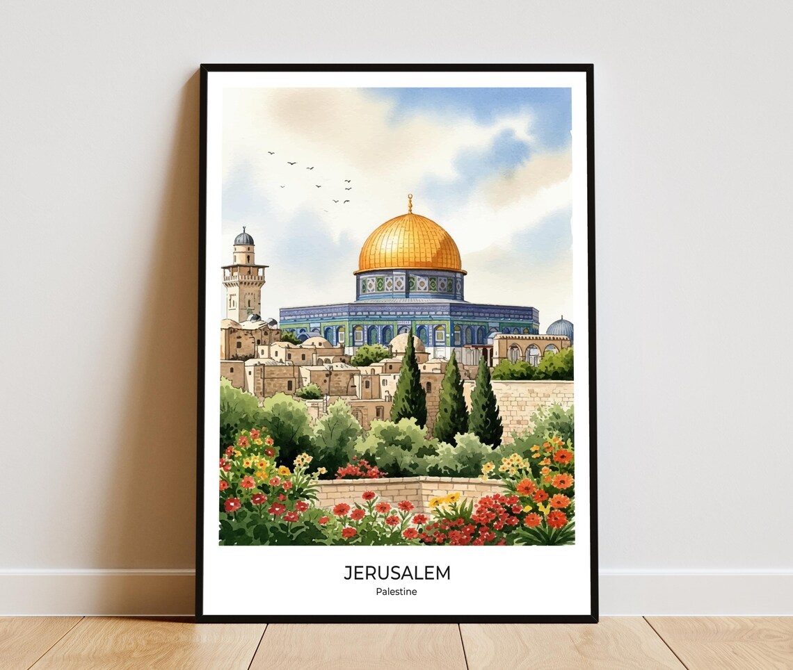 Jerusalem Dome of the Rock Golden Mosque Watercolor Travel Poster