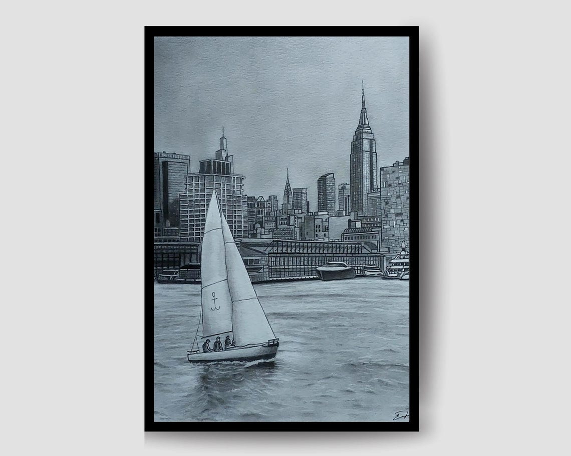 Manhattan Skyline Sailboat Harbor Monochrome Pencil Sketch Poster