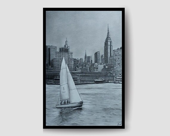 Manhattan Skyline Sailboat Harbor Monochrome Pencil Sketch Poster