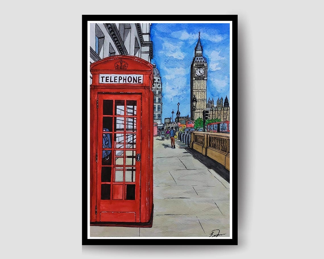 London Red Phone Box Big Ben Street Watercolor Travel Poster